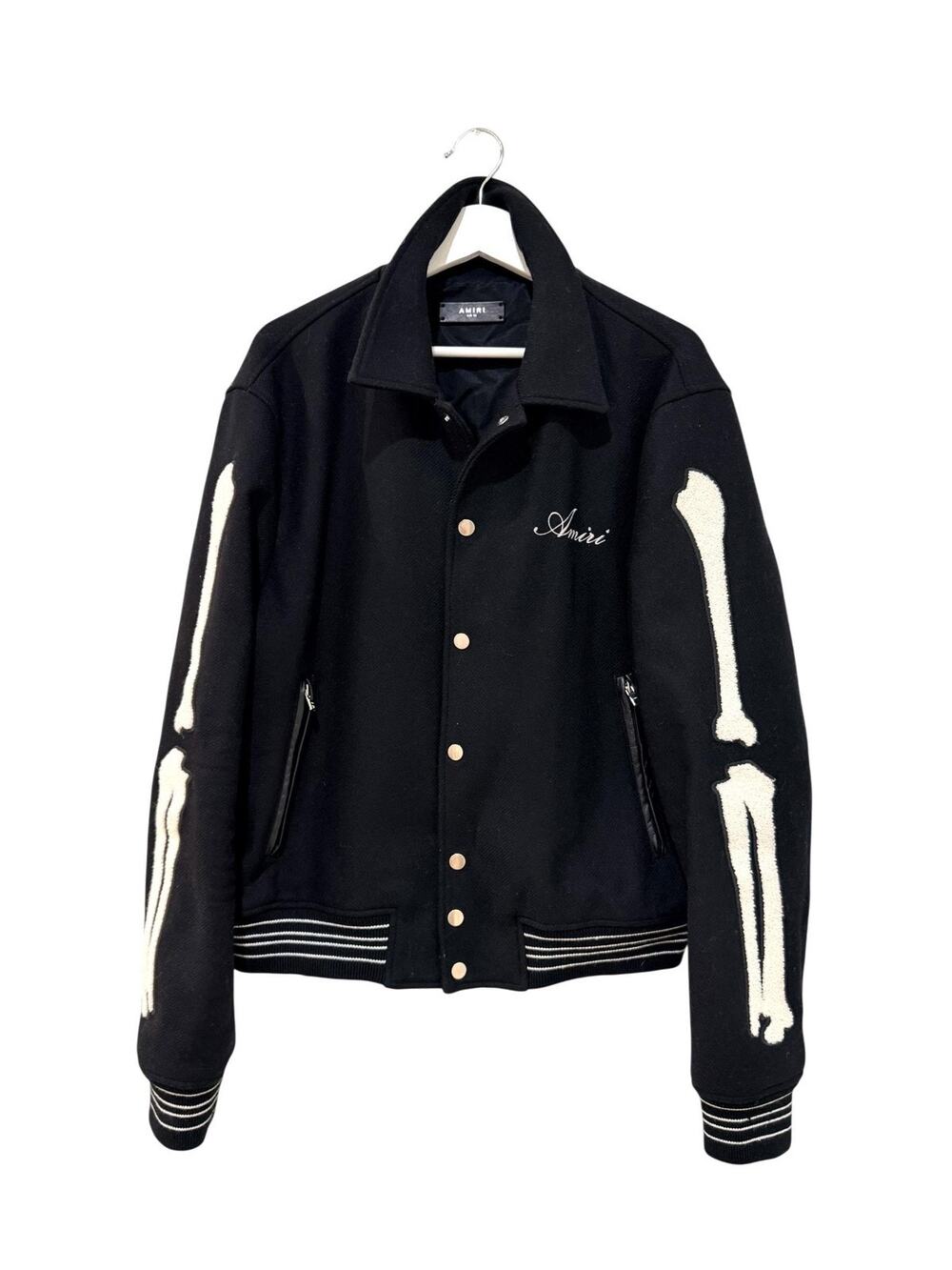 Amiri Jacket Mens IT 56 Black Wool Skeleton Varsity Snap Front Italy Bones